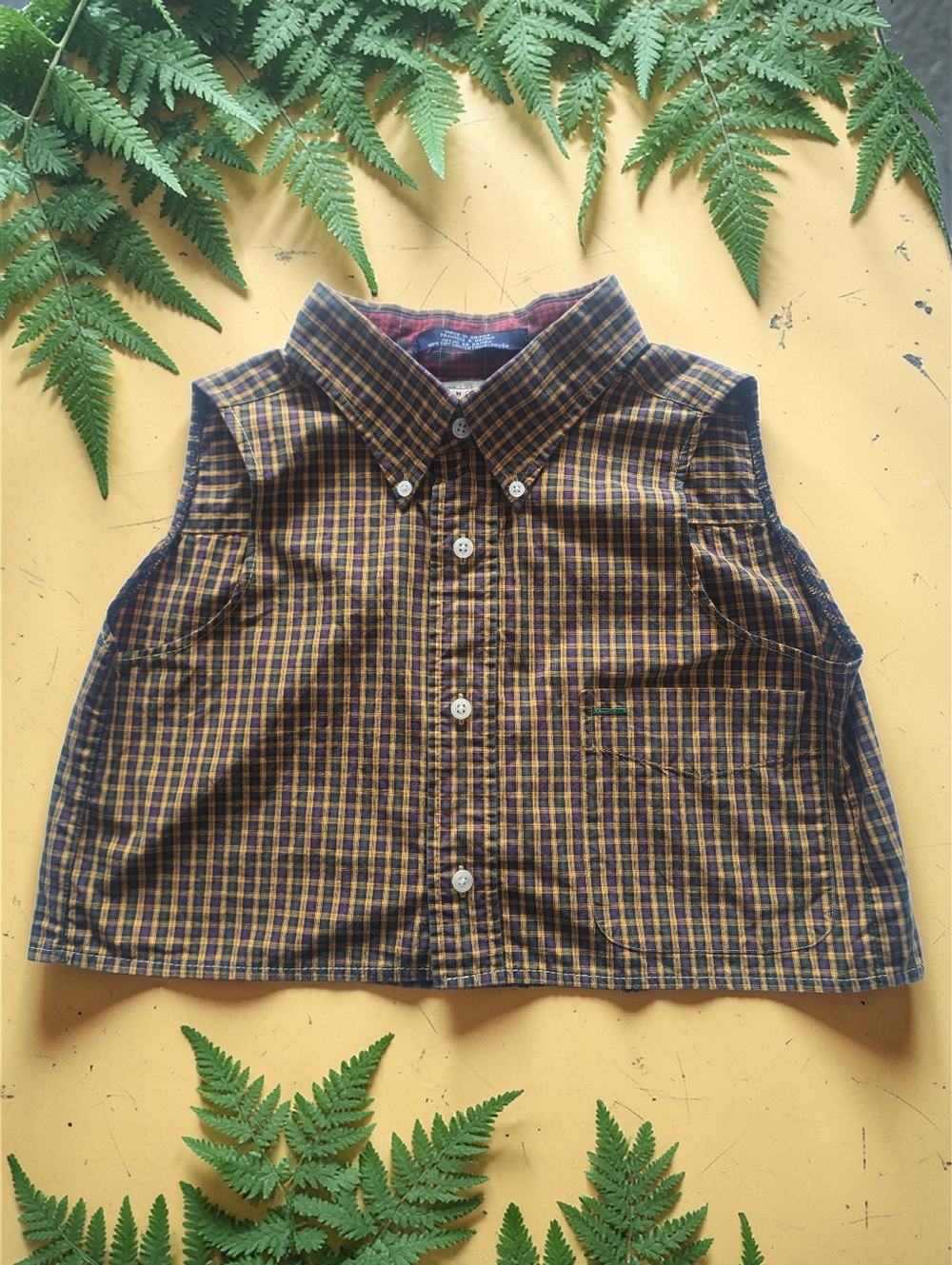 Snap 100% Cotton 90's Yellow, Green And Navy Plaid Sleeveless Button-Front Vest